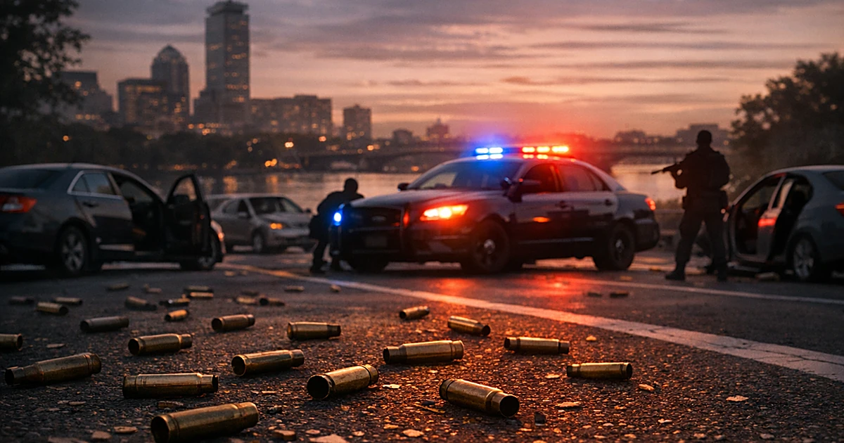 Abandoned vehicles with open doors scattered across urban roadway with shell casings on pavement and police cruiser