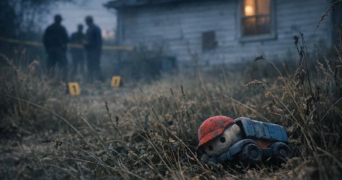 Abandoned child's toy in overgrown grass behind a house with police evidence markers at dusk