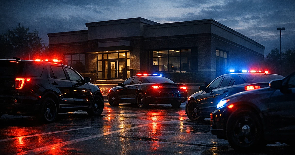 Police vehicles with emergency lights outside a bank building at dusk in the aftermath of a crime scene