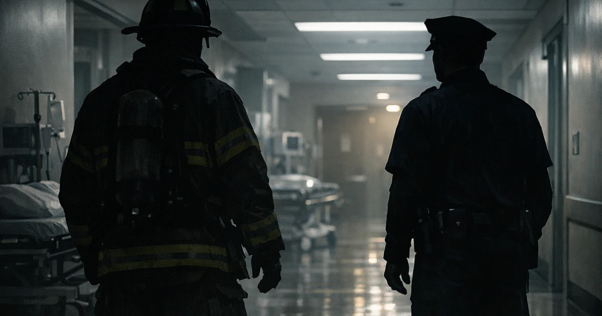 Silhouettes of firefighter and police officer in dimly lit hospital corridor at night with medical equipment