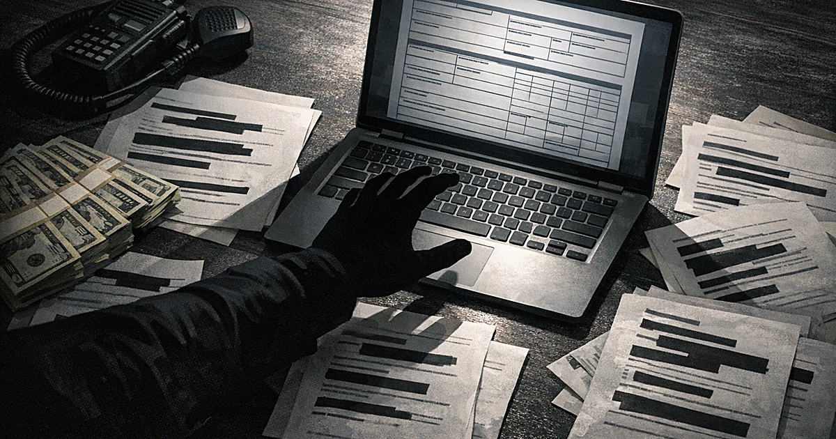 Overhead view of desk with documents, cash, police radio, and silhouetted hand reaching toward laptop in dramatic lighting