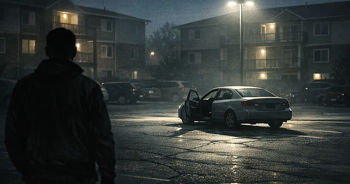 Silhouette of person viewing abandoned car in apartment parking lot at dusk with harsh overhead lighting