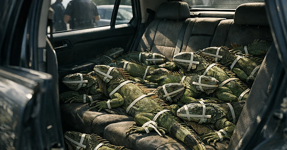 Interior of vehicle showing multiple green iguanas bound with zip ties crammed inside