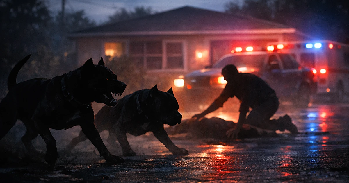 Silhouettes of two pit bulls on a residential driveway at dusk with emergency lights in background