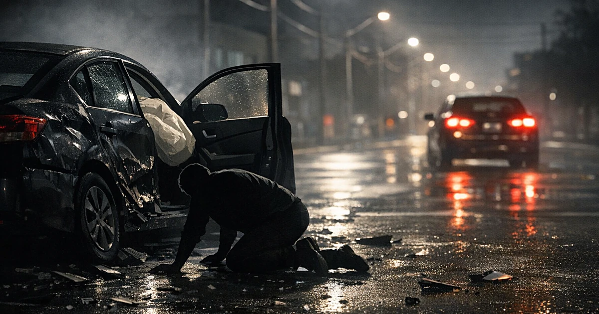 Two crashed cars on dark street, silhouetted figure near damaged vehicle, other car's taillights departing scene
