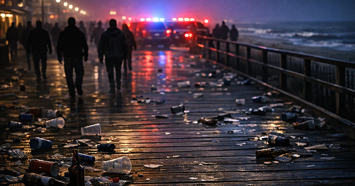 Littered boardwalk at night with debris and distant emergency vehicle lights after crowd dispersal