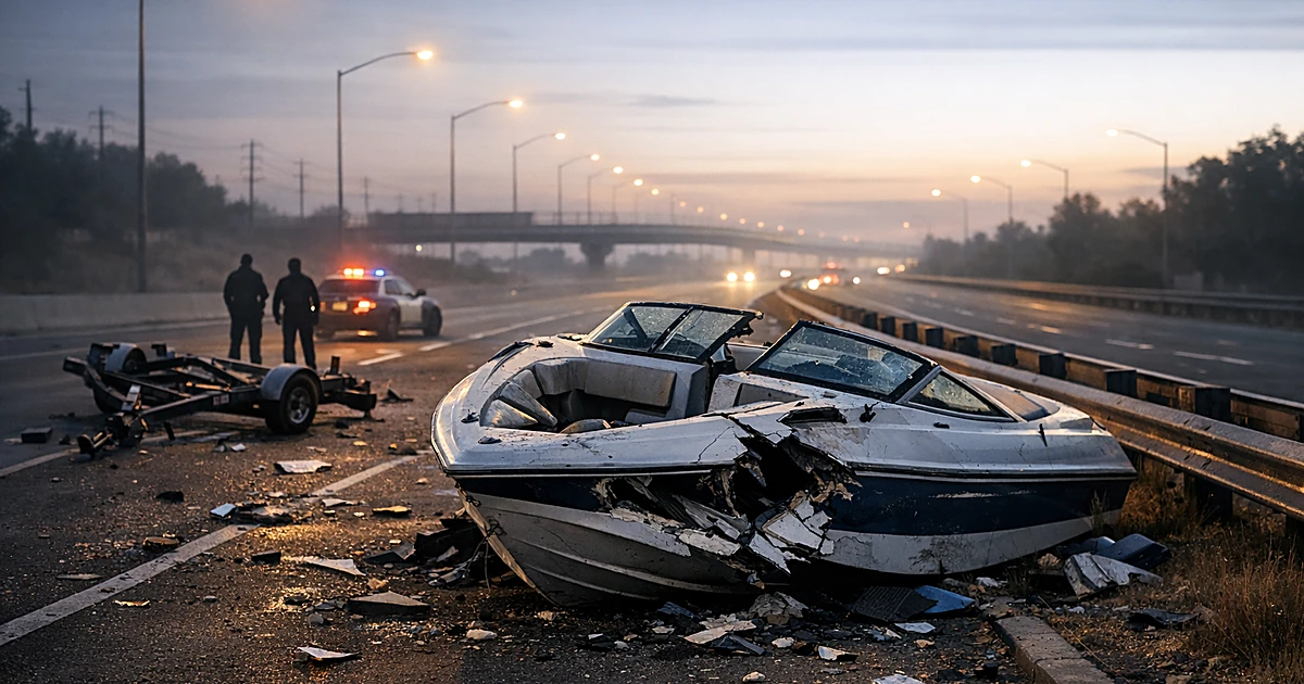 Overturned boat and detached trailer wrecked on highway with scattered debris in early morning light