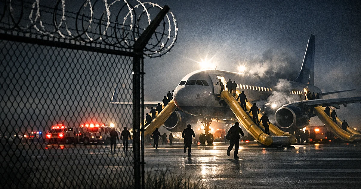 Night scene of passenger jet with emergency slides deployed on runway, silhouetted evacuees, perimeter fence in foreground