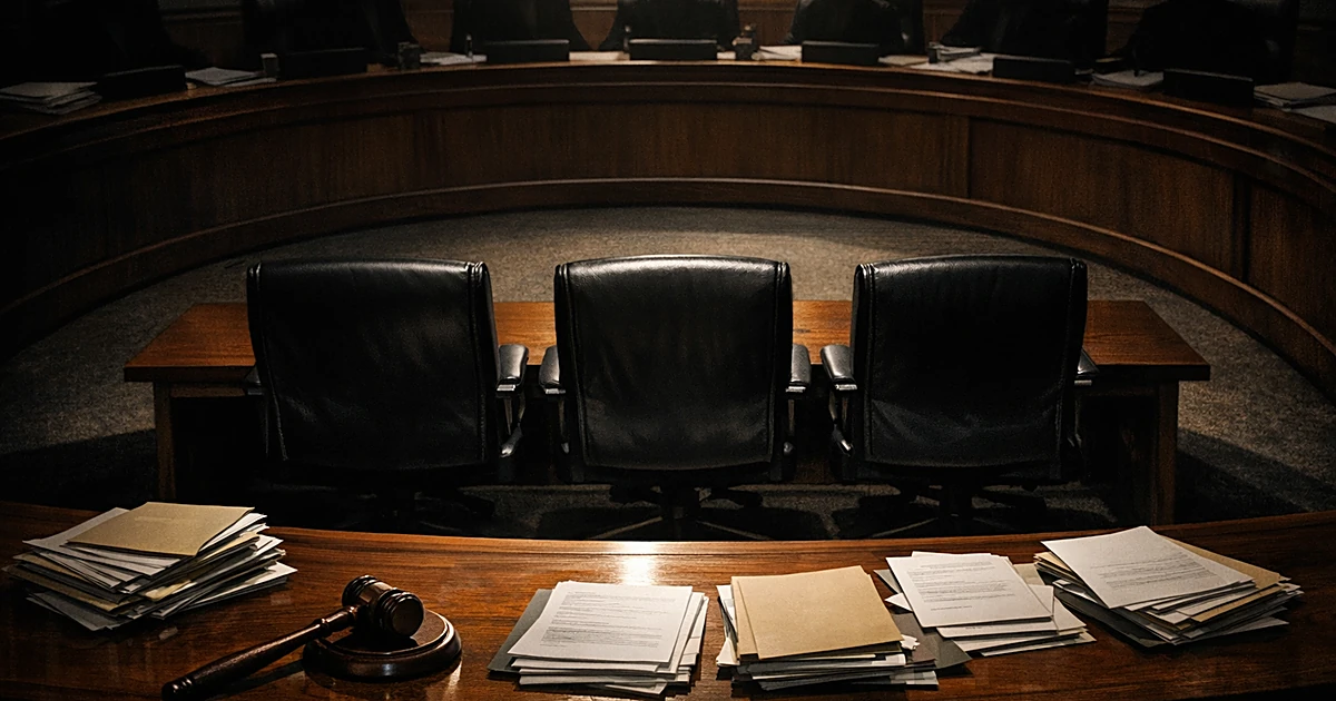 Empty chairs face legislative bench in hearing room with documents scattered on tables and gavel in foreground