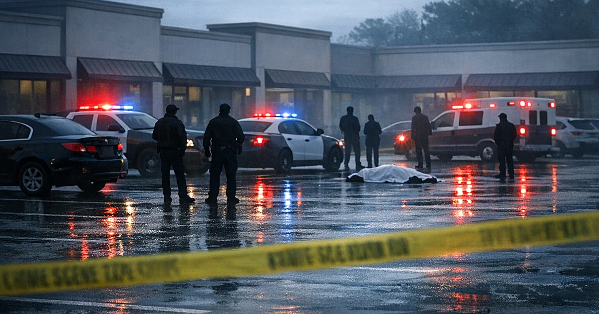 Strip mall parking lot cordoned off with crime scene tape and police vehicles with flashing emergency lights