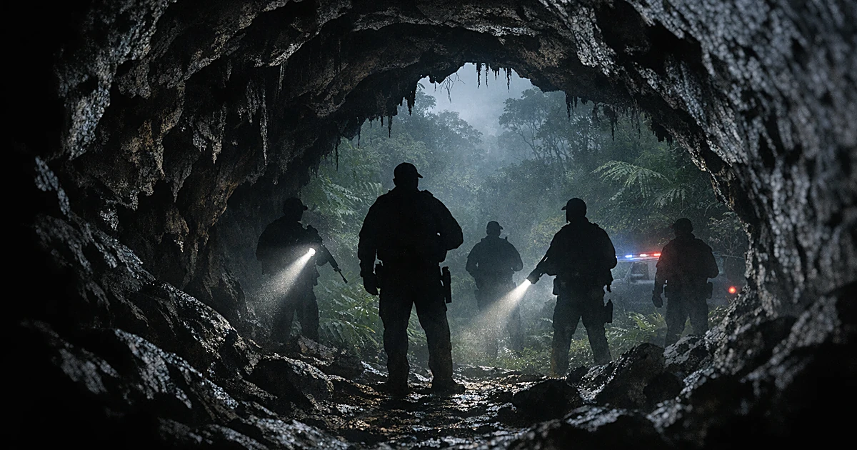 Police flashlight beams illuminate a small volcanic cave entrance surrounded by tropical vegetation on Hawaii's Big Island