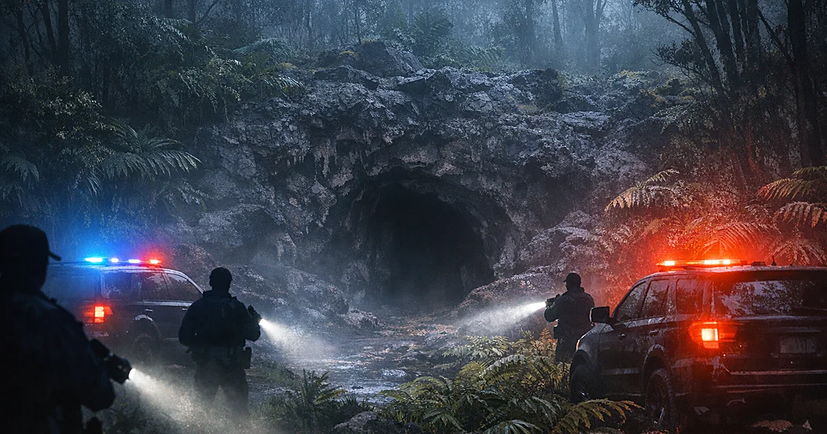 Police vehicles with lights near a volcanic cave entrance in dense Hawaiian tropical forest at dawn
