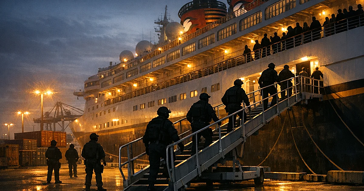 Silhouettes of enforcement agents boarding a cruise ship at port while passenger silhouettes observe from deck