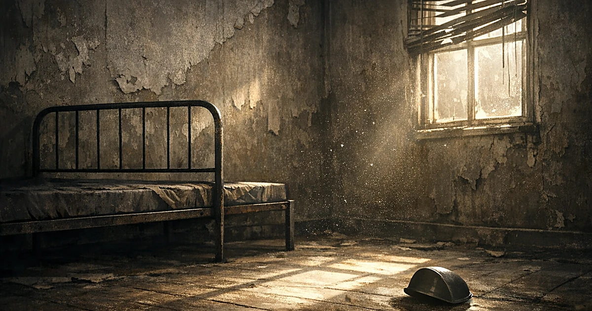 Dark, neglected bedroom with empty bed frame and overturned bowl on bare floor, harsh light through dirty window