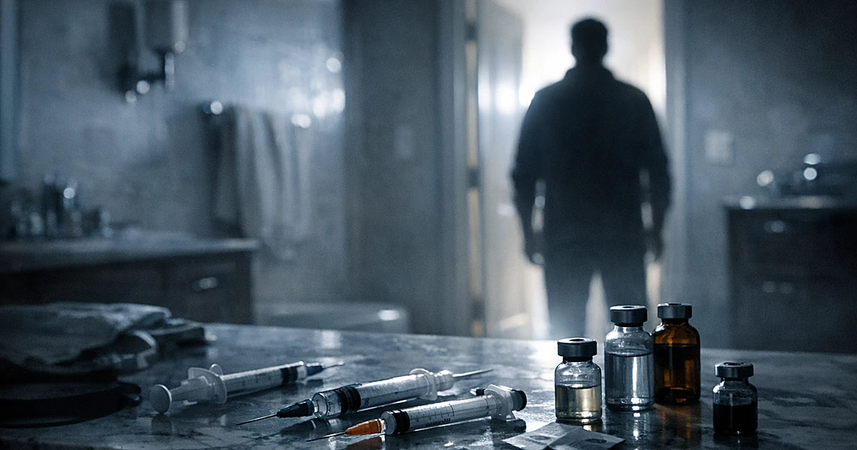 Silhouetted figure in doorway of luxury bathroom with medical vials and syringes on counter in dim lighting