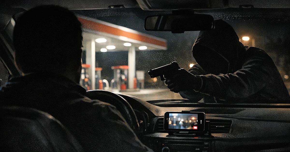 Silhouette of person in car confronted by figure at window during nighttime gas station incident