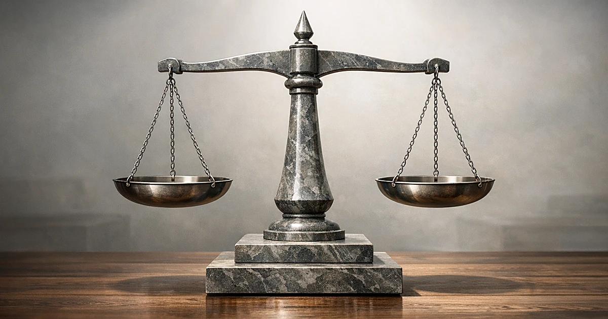 Stone balance scale on wooden surface with soft overhead lighting