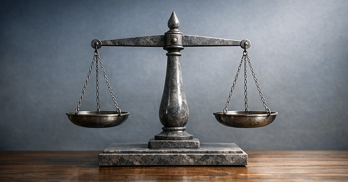Abstract stone balance scale on wooden surface with blue-gray gradient background