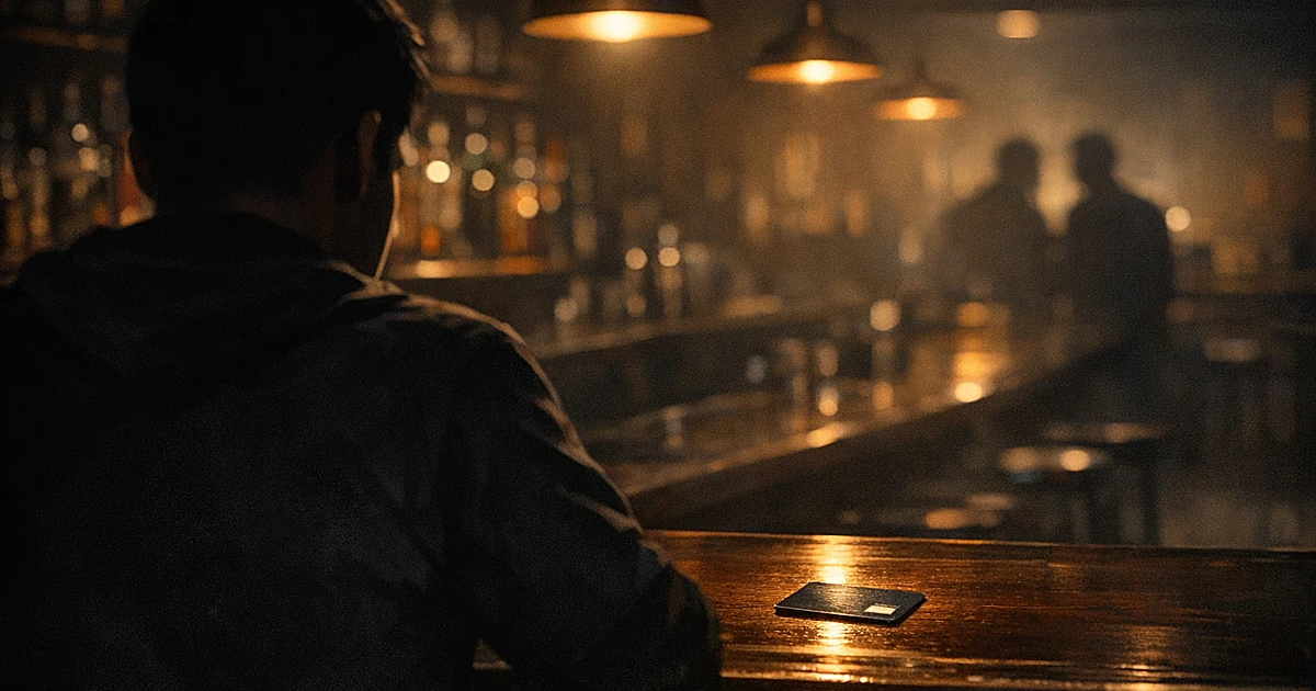 Silhouetted person at bar counter with ID card under overhead light in dimly lit establishment