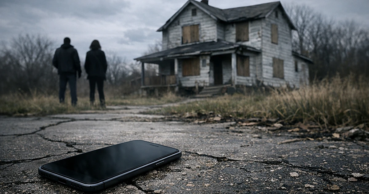 Abandoned house with boarded windows and smartphone with dark screen on pavement in foreground