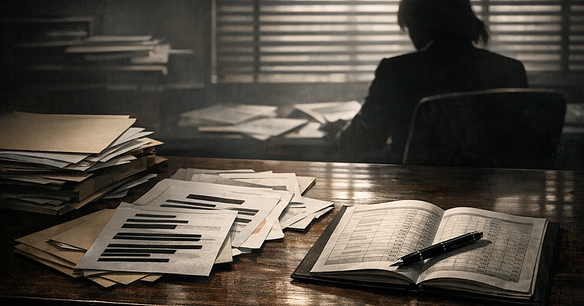 Overhead view of desk with financial documents and silhouetted figure working in shadowy office with venetian blind light