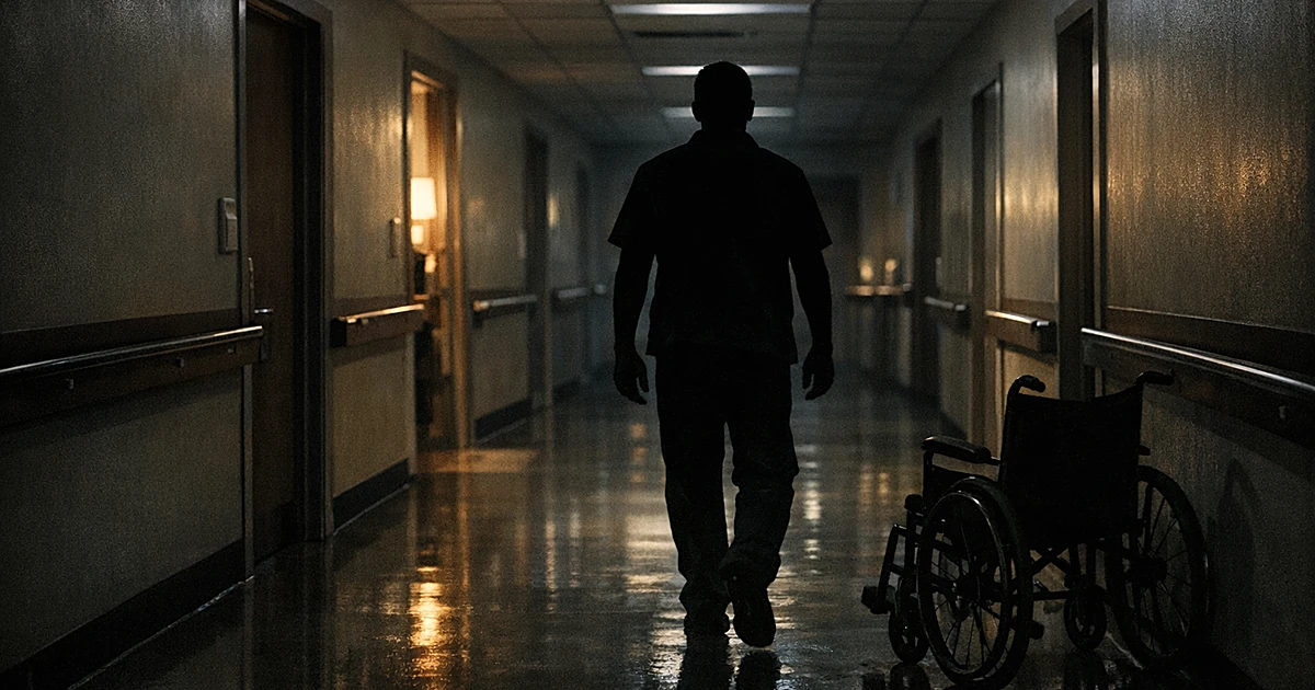 Silhouetted figure walking down dimly lit assisted living facility hallway with closed doors and institutional lighting