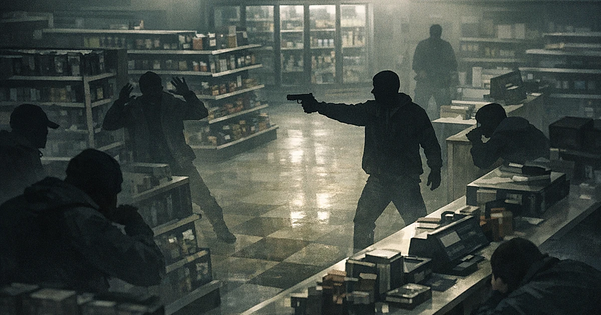 Silhouetted figures in tense standoff inside a convenience store with harsh overhead lighting and long shadows