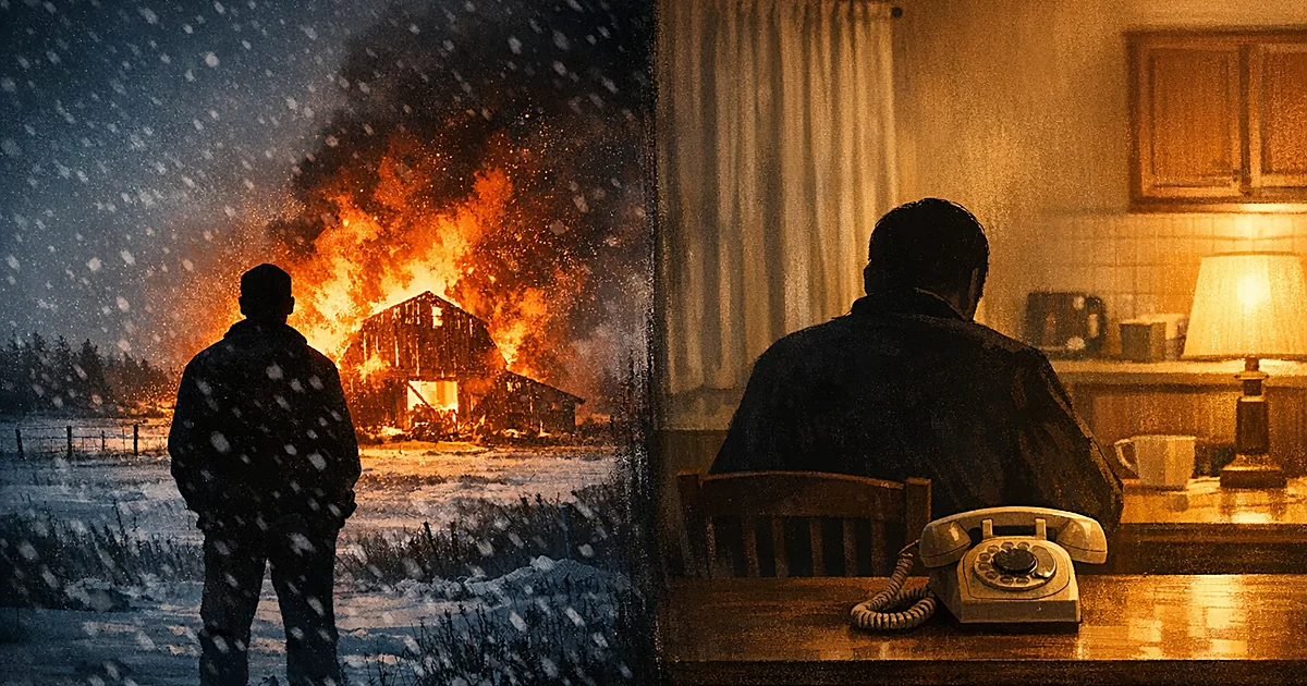 Split scene showing burning barn in snowy field and silhouette at kitchen table with telephone in warm interior