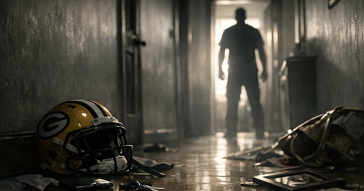 Dark hallway with football helmet on floor and silhouetted figure in distant doorway with morning light