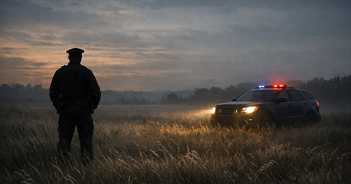 Police vehicle at edge of rural field at dusk with officer silhouette looking across empty landscape