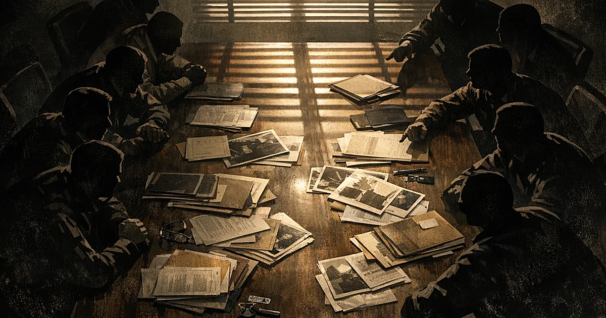 Silhouetted figures seated on opposite sides of conference table in tense meeting with dramatic lighting