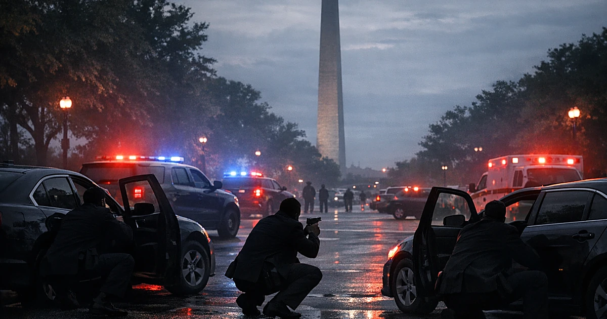 Silhouetted law enforcement agents behind open vehicle doors near monument with emergency lights flashing at dusk