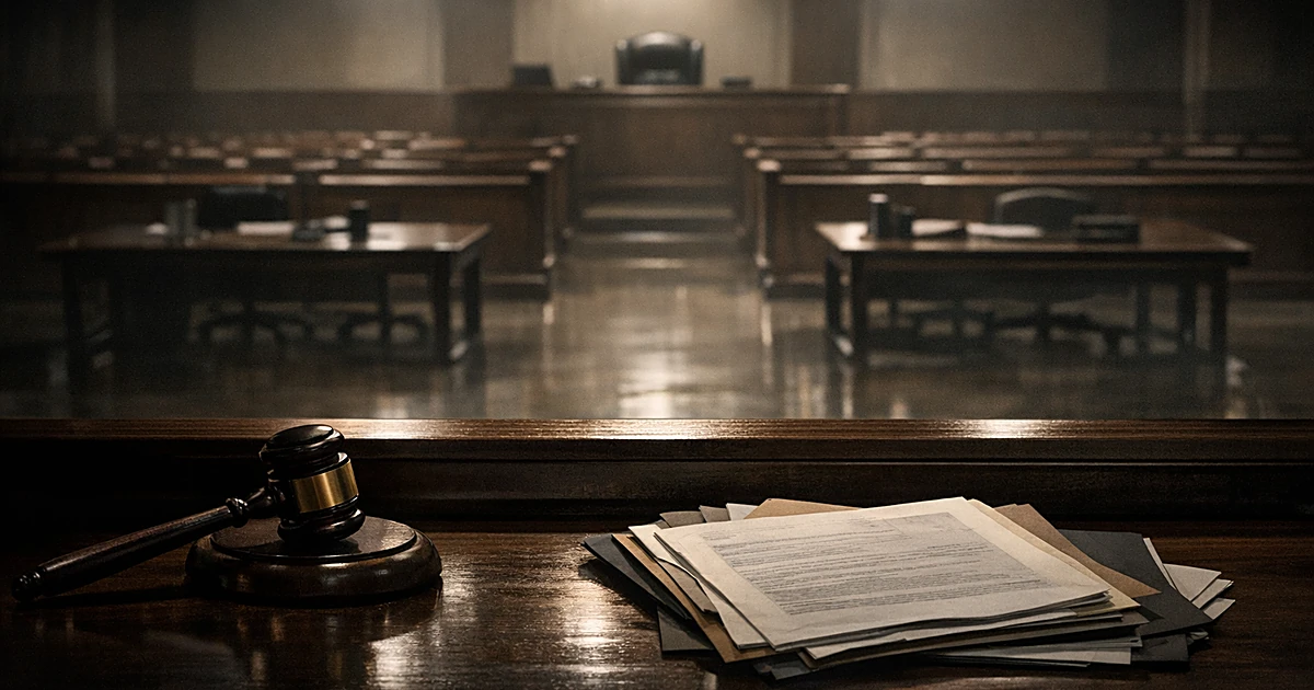 Empty courtroom with gavel and legal documents on judge's bench, harsh lighting casting long shadows across the floor