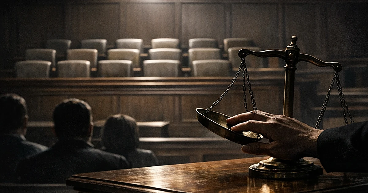 Hand touching scales of justice in courtroom with empty jury box, illustrating jury tampering in Murdaugh case