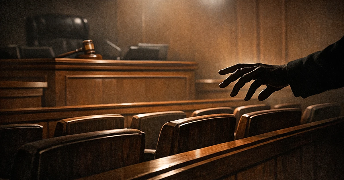 Hand reaching toward empty jury box seats in darkened courtroom, suggesting tampering and judicial interference