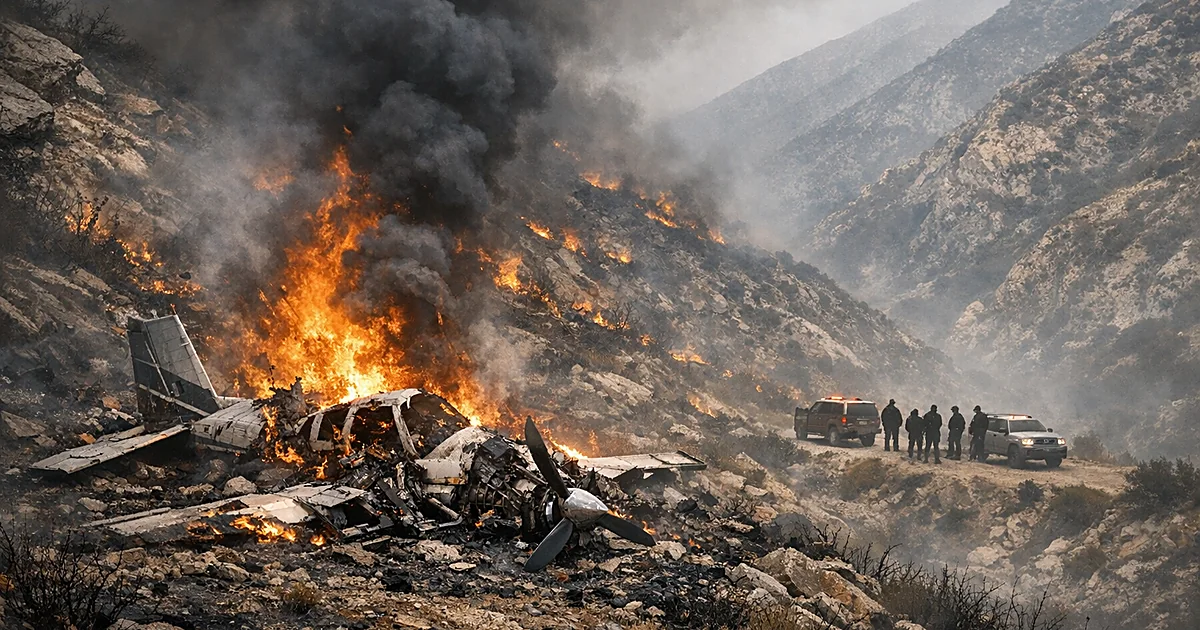 Small plane wreckage burning on rugged mountain terrain with wildfire spreading across canyon hillside