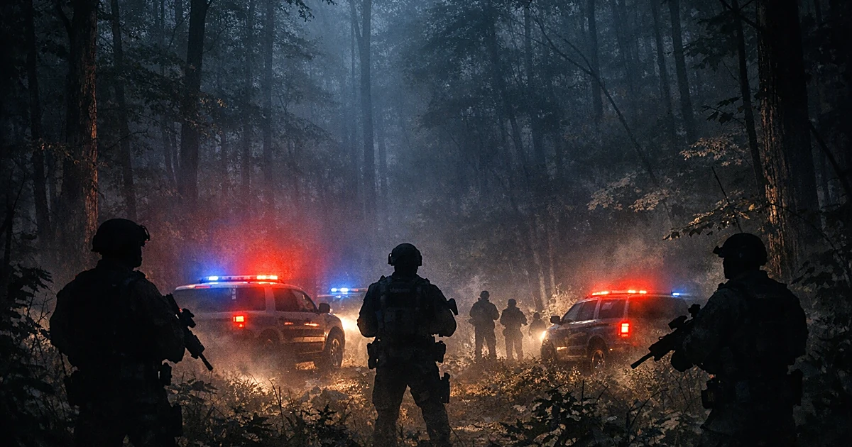 Police vehicles with emergency lights at forest edge as officer silhouettes search dense Tennessee woodland at dusk