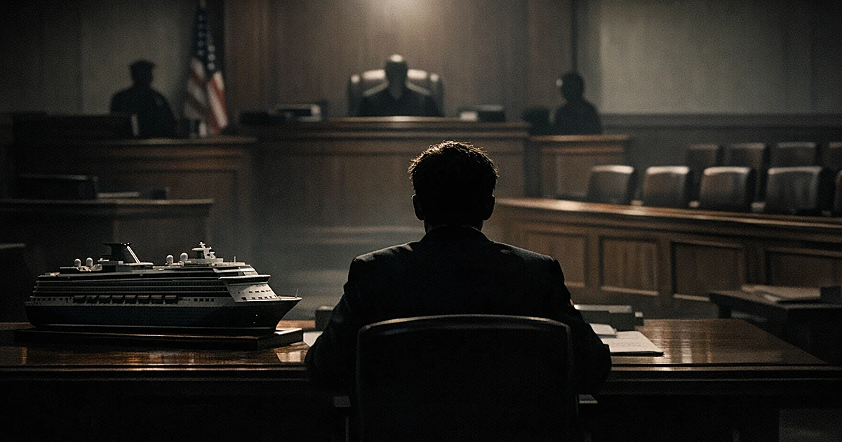 Silhouette of defendant seated in federal courtroom with cruise ship evidence visible in foreground