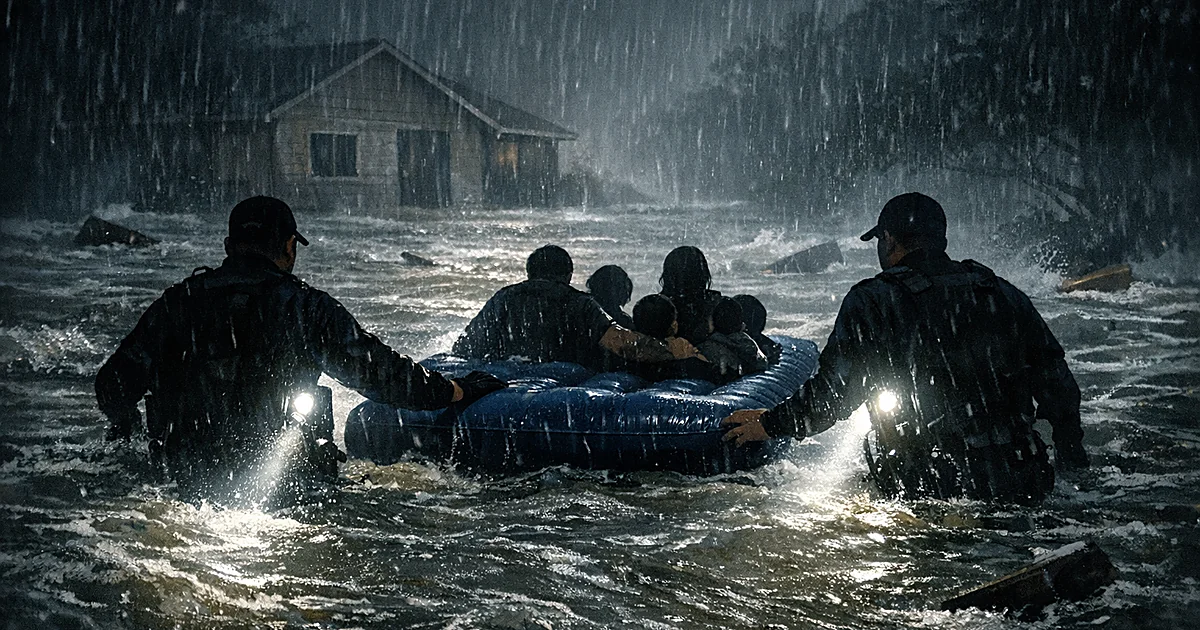 Officers wade through chest-high floodwater guiding family on inflatable mattress to safety in darkness