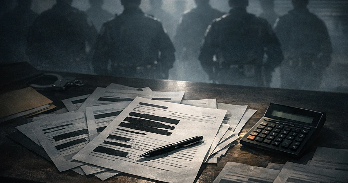 Police documents with redacted sections on desk with calculator, silhouetted figures in background