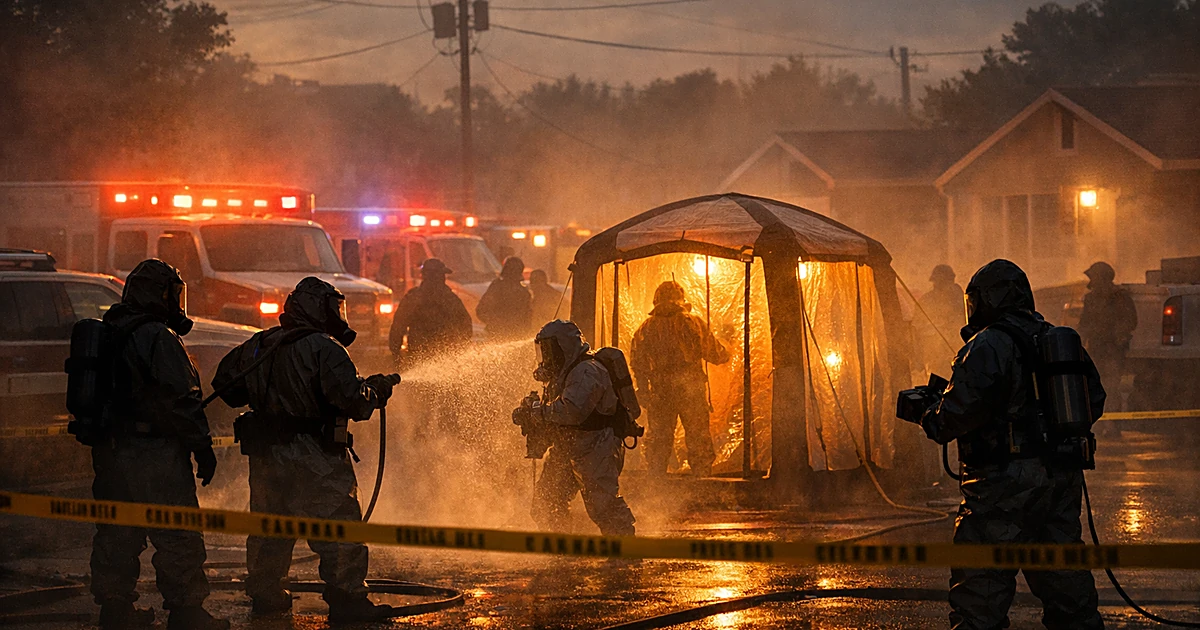 Hazmat-suited first responders conducting decontamination at cordoned residential scene with emergency vehicles
