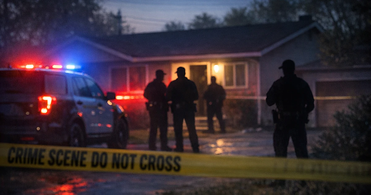 Police lights illuminate a suburban home at dusk with crime scene tape and officer silhouettes in foreground