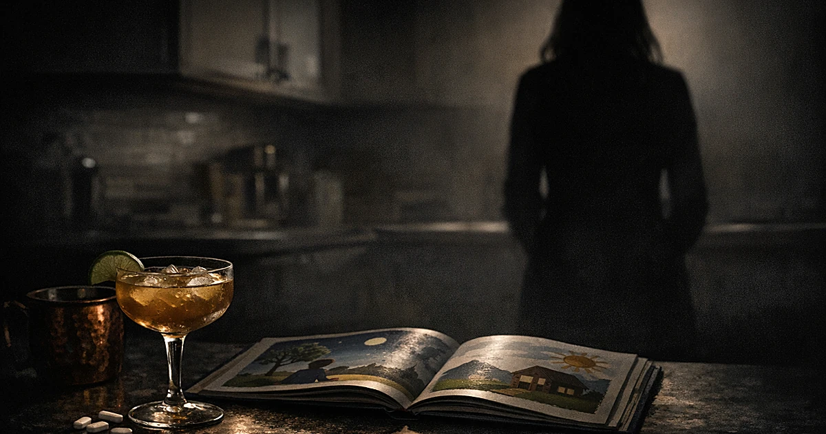 Dark kitchen scene with cocktail glass and children's book on counter, silhouetted figure in shadows behind