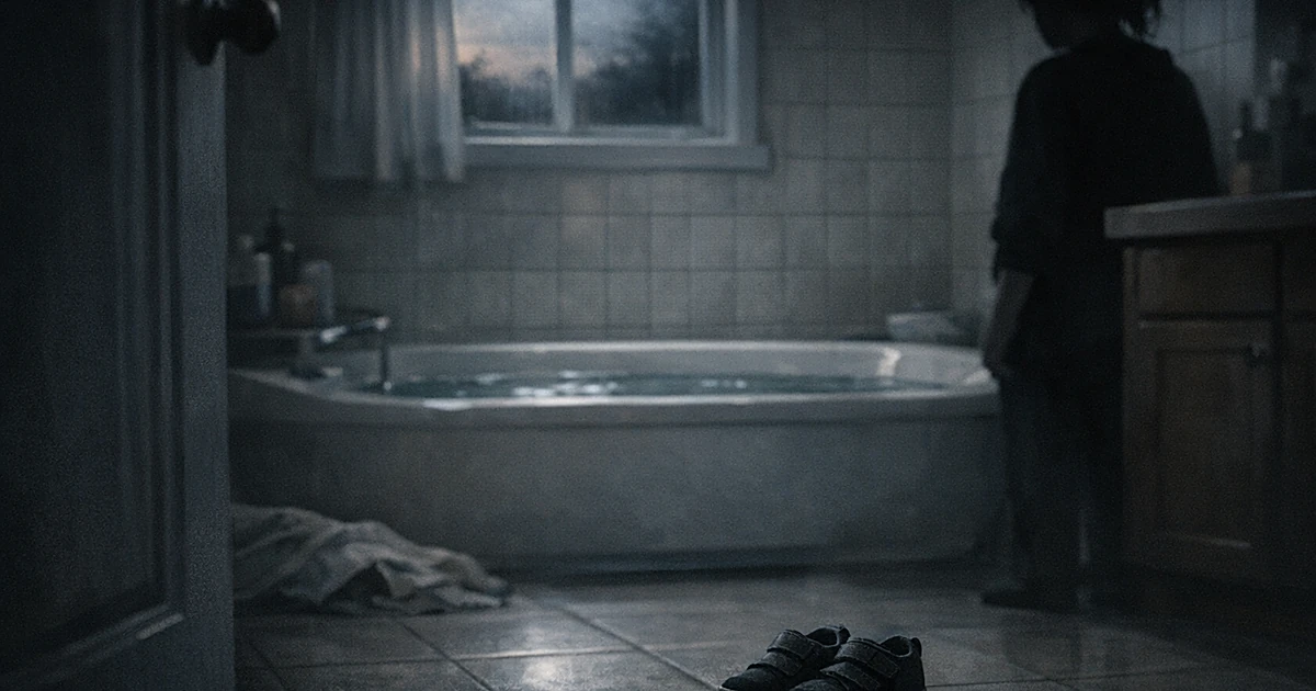 Dark bathroom interior with bathtub and small children's shoes on floor, evening light through window