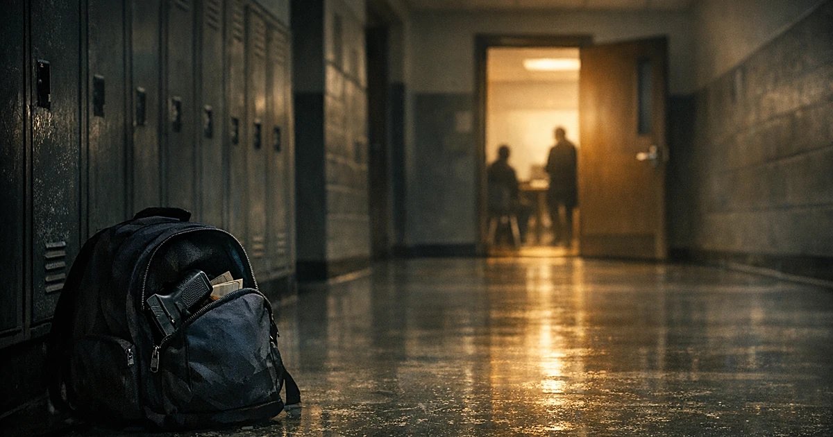 Empty elementary school hallway with abandoned backpack on floor near lockers, classroom door ajar in background