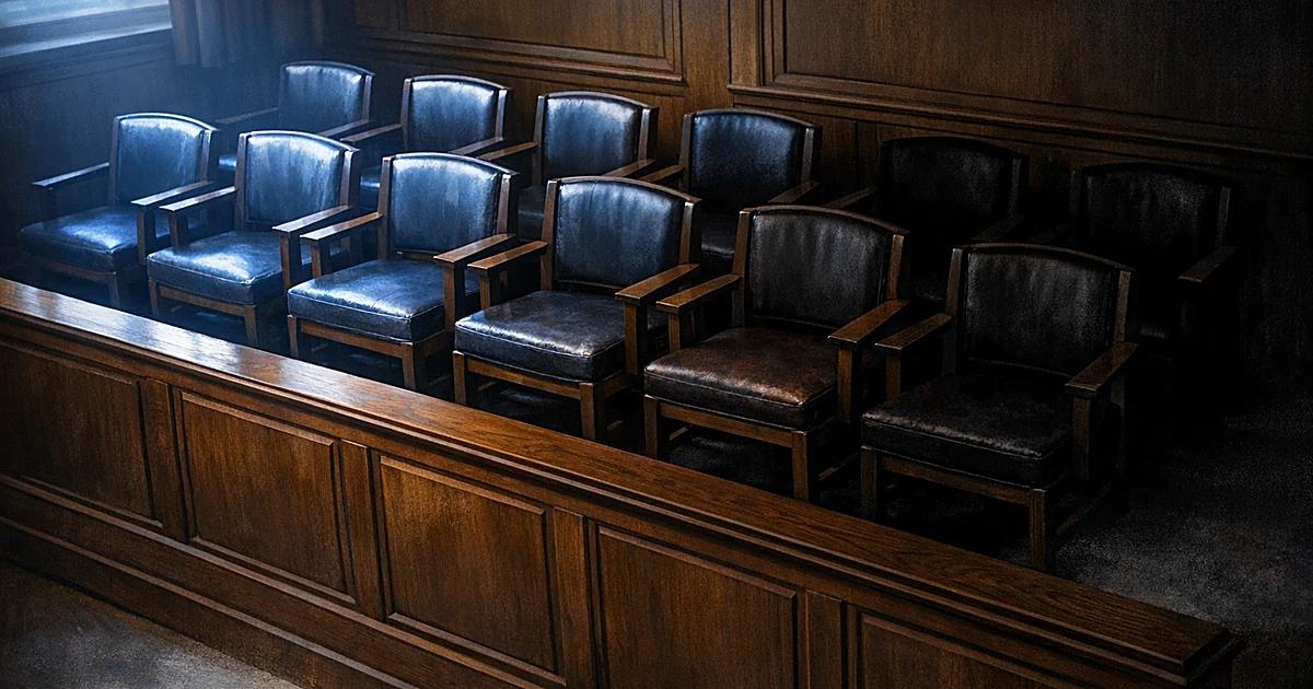 Empty jury box with twelve chairs divided by light and shadow showing a 9-3 split in a courtroom setting