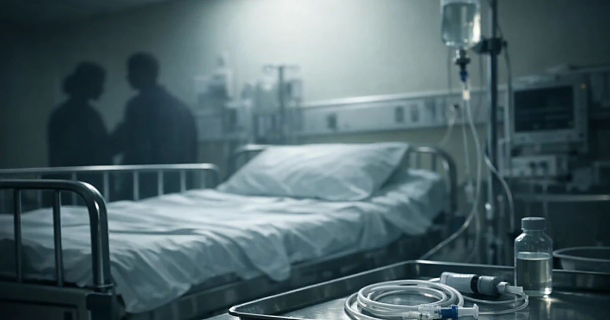 Empty hospital pediatric bed with medical feeding equipment and IV pole in dimly lit clinical room