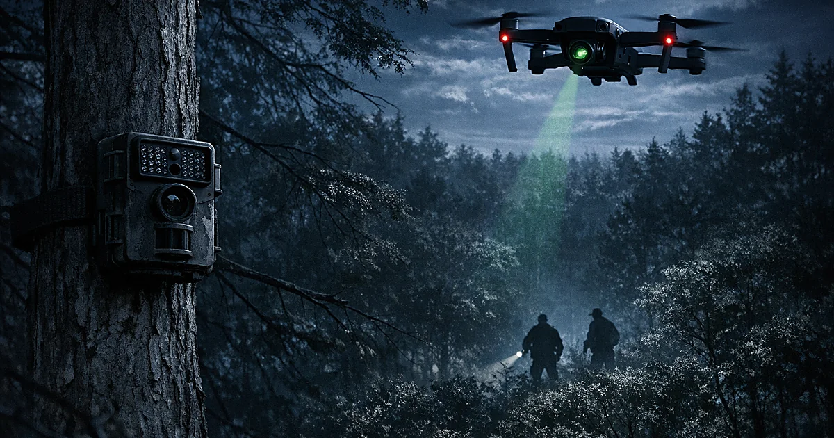 Drone with thermal camera hovering above dark forest at night with trail camera mounted on tree trunk below