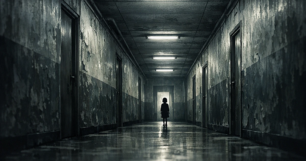 Silhouette of child in dark institutional hallway with peeling walls and harsh overhead lighting