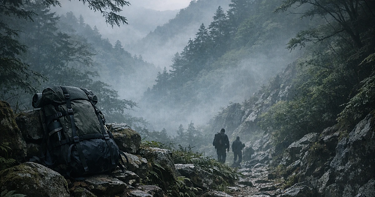 Abandoned backpack on foggy mountain trail in dense forest with rocky terrain